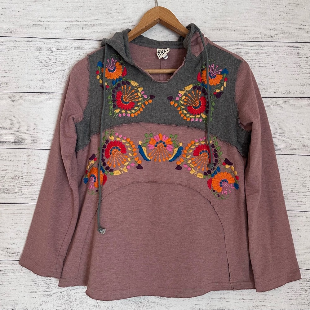 Sister Mary Embroided Floral Hooded Raw Hem Top.